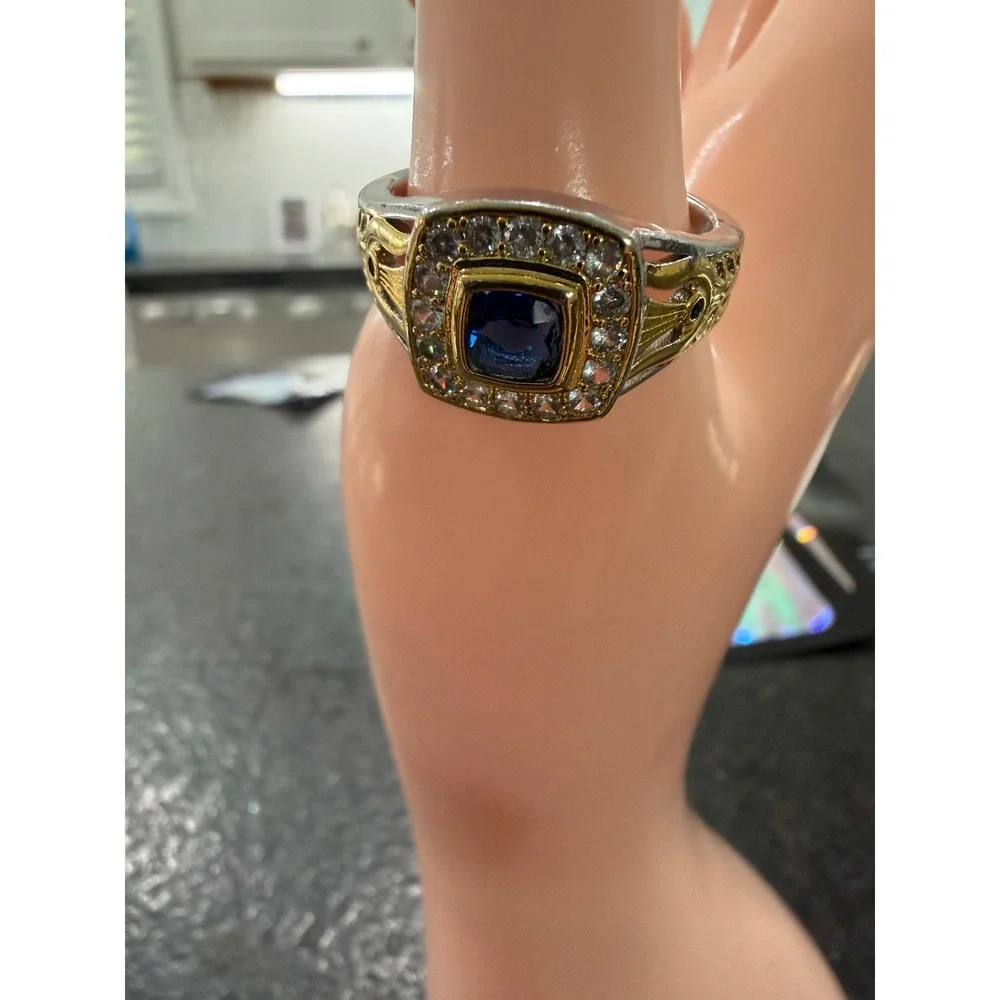 Two Tone Simulated Sapphire Rhinestone Halo Fashion Ring Silver Gold Size 11.5